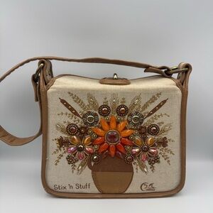 Vintage ENID COLLINS FLOWER CART Floral Jeweled Gem Canvas Purse/Handbag
